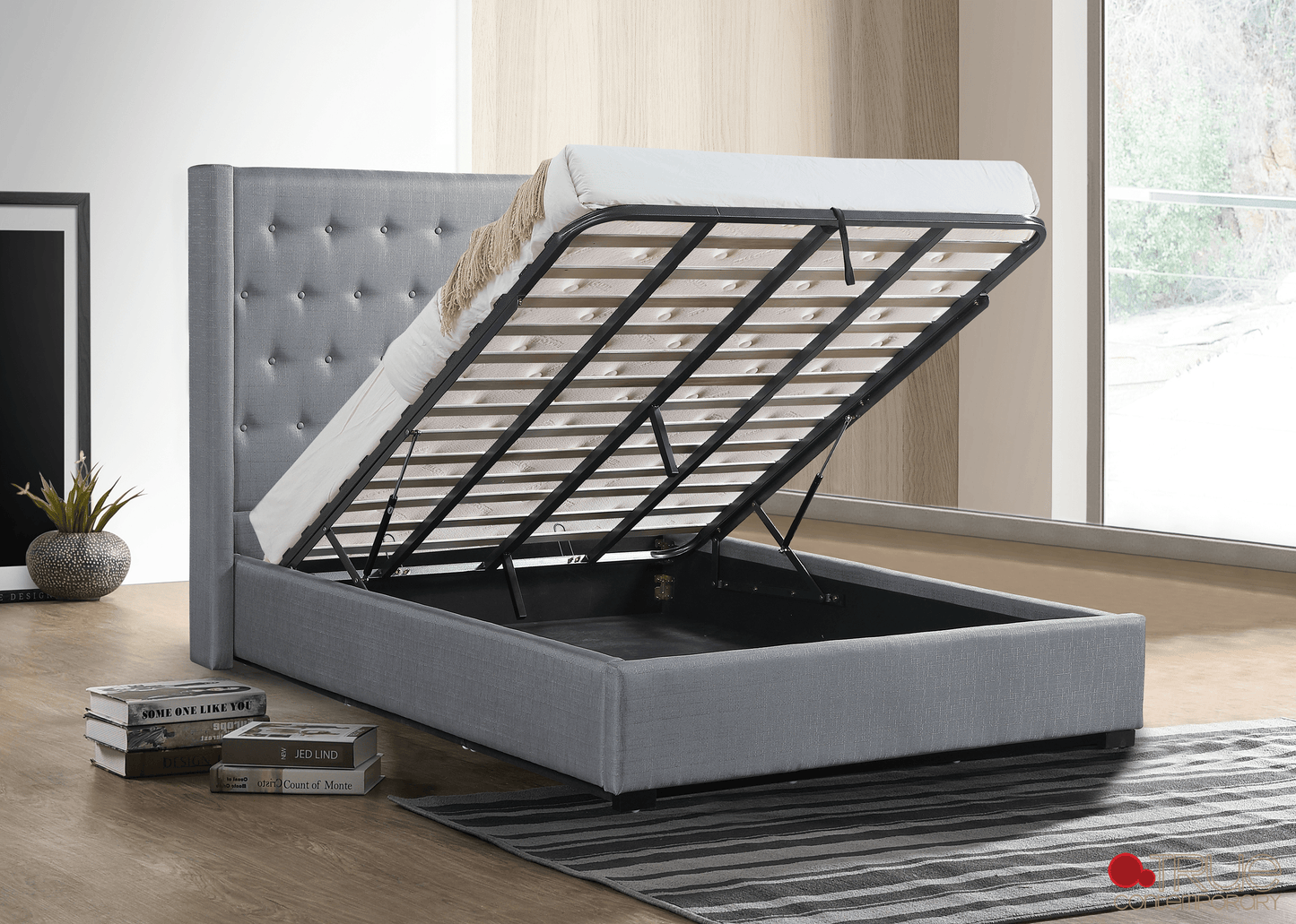 Pending - True Contemporary Saunderson Tufted Wingback Lift Up Storage Platform Bed in Grey Linen - Available in 2 Sizes