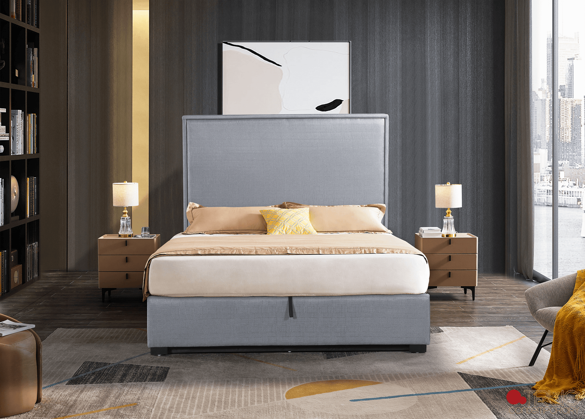 True Contemporary Bed Byron Hydraulic Lift Up Storage Platform Bed in Grey Linen - Available in 2 Sizes